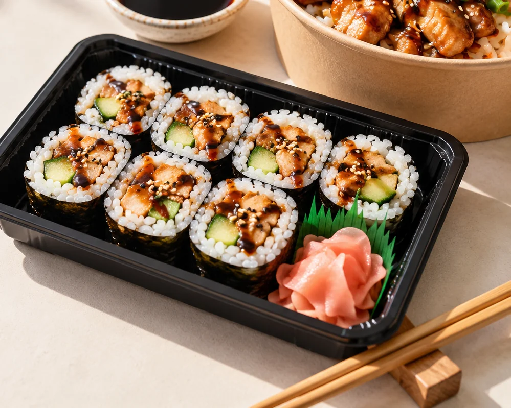 Fresh sushi in a takeaway tray