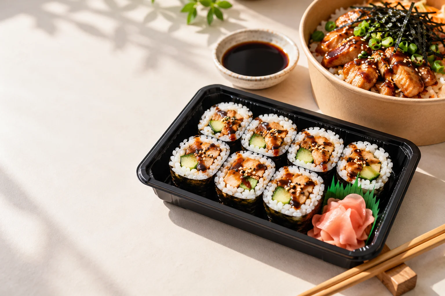 Fresh sushi and Japanese chicken donburi on a light table